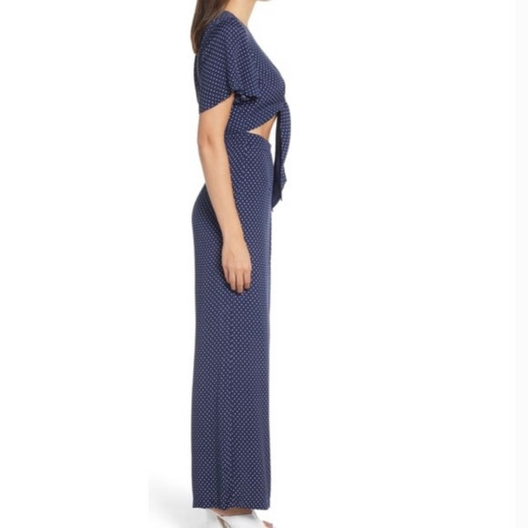 Leith Womens Tie Front Jumpsuit Small Navy Blue White Polka Dot Short Sleeve - Picture 2 of 9